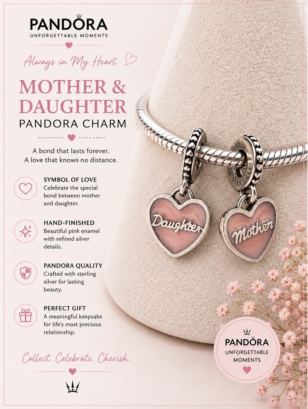 Pandora Mother & Daughter Heart Charm Set with Pink Enamel